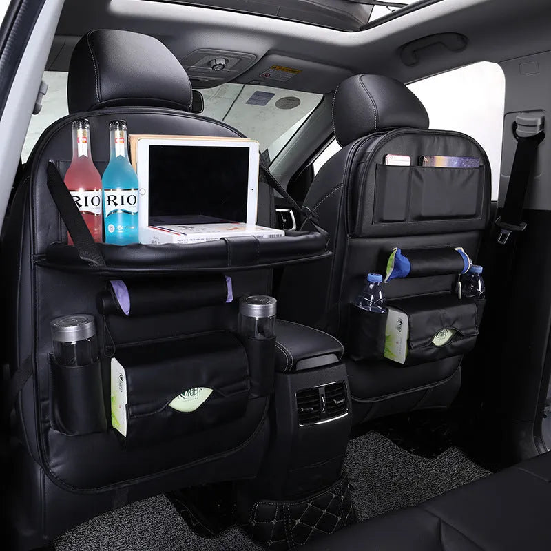 Leather car seat back hanging bag in black classic style with storage pockets