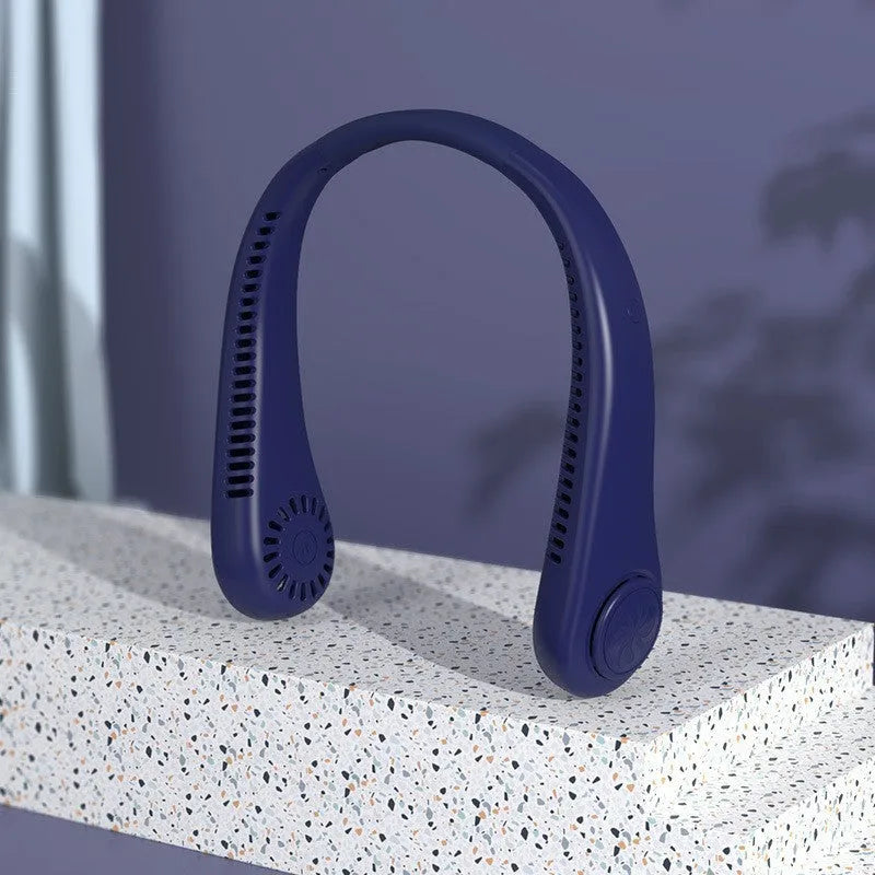 White USB rechargeable bladeless neck fan being worn, showing its adjustable neckband.