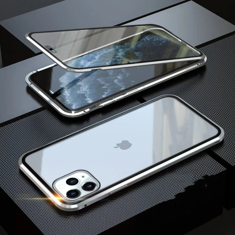 Geometric patterned glass anti-spy clamshell case for iPhone in multiple colours.