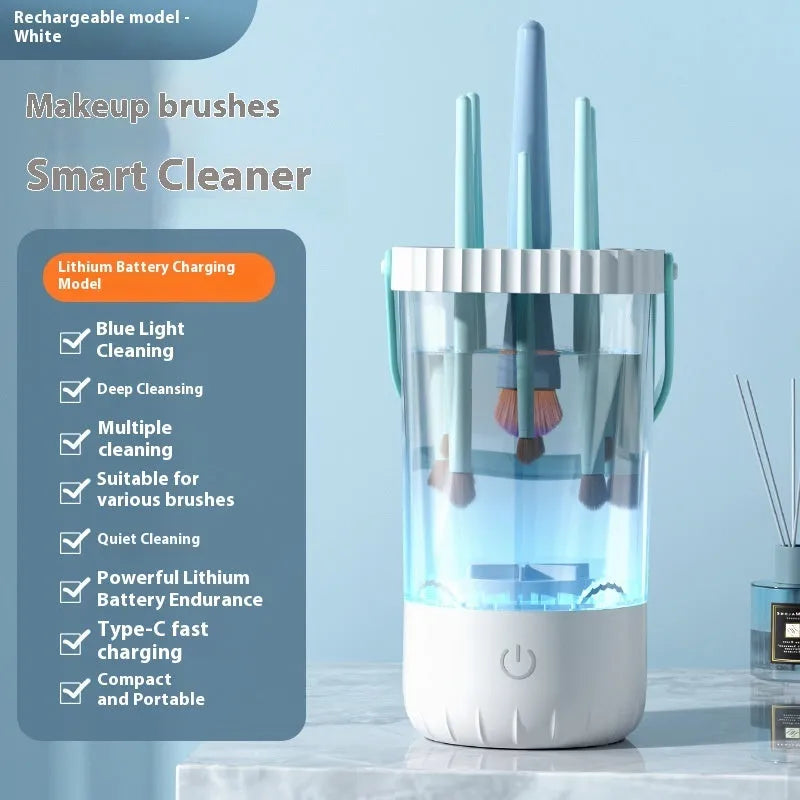 White rechargeable electric makeup brush cleaning device with USB charging cable