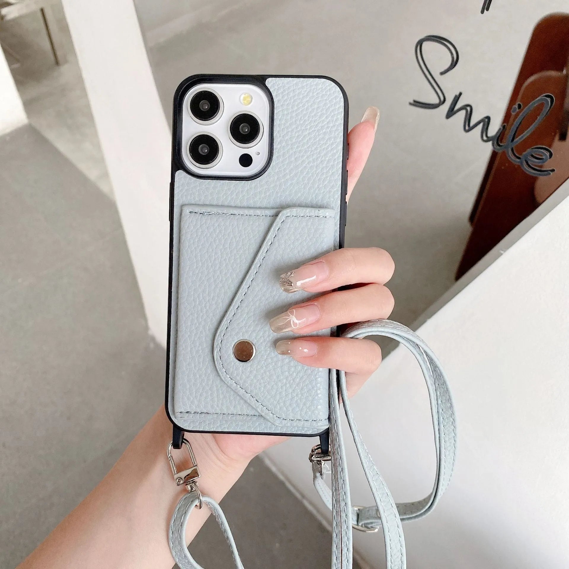 Lychee pattern crossbody phone case for iPhone 14 in imitation leather with card holder