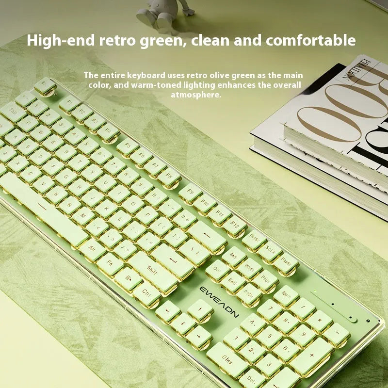 Prewalker V3 wired mechanical-feel keyboard and mouse set in retro green colour on a desk.