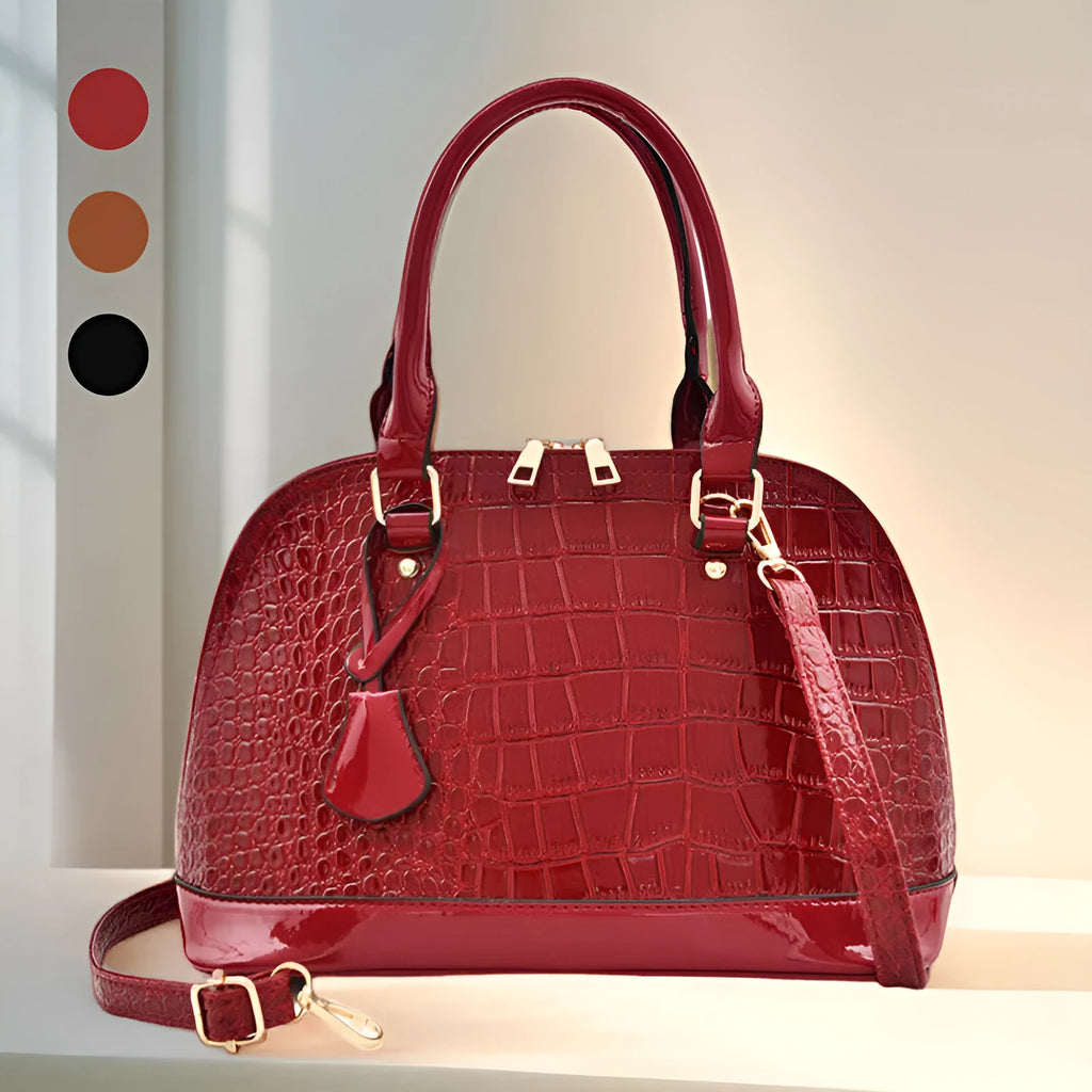 Shiny PU leather crossbody shoulder bag with shell-shaped design in black, red, or brown