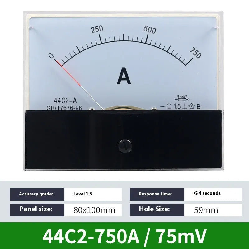 44C2 pointer DC ammeter mechanical panel meter black rectangular case with clear scale and needle