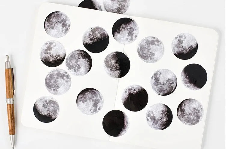 45 piece moon sticker set with crescent moon shapes on paper, 40mm