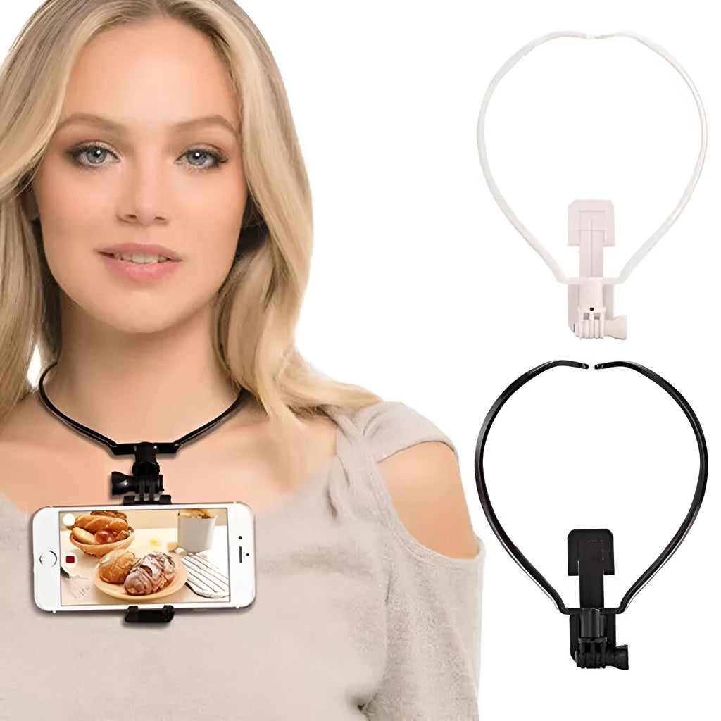 Black wearable phone holder with flexible neck ring shown in use as a hands-free smartphone mount.