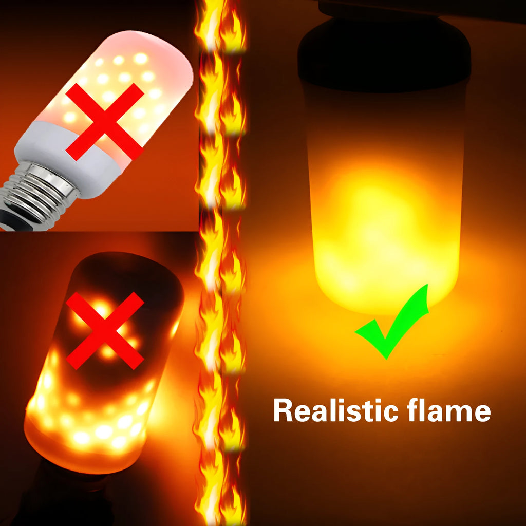 LED decorative lamp showing a realistic orange and yellow flickering flame light effect.