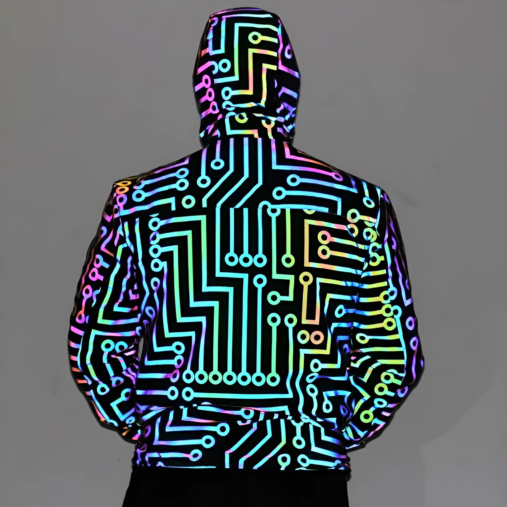 Black hooded reflective jacket for dance, polyester fabric, straight hem, front view on model