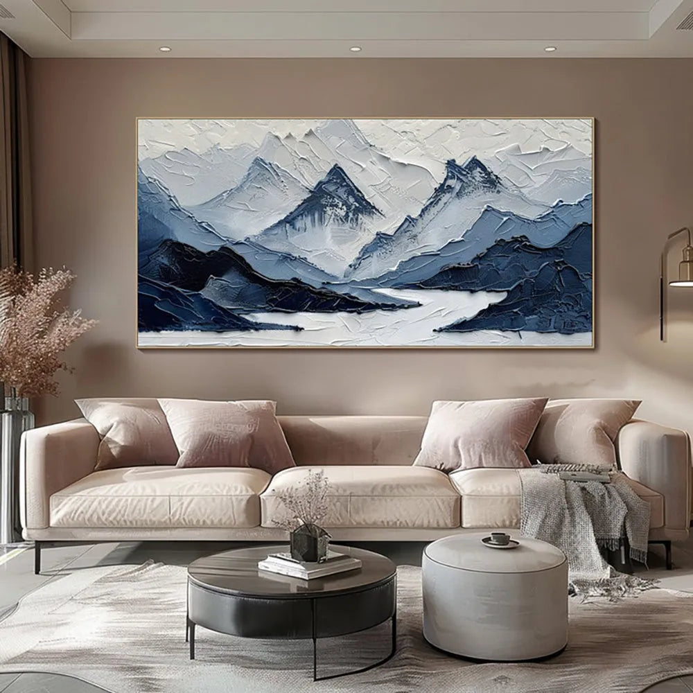 Hand painted modern mountain landscape oil painting in navy blue and white on canvas