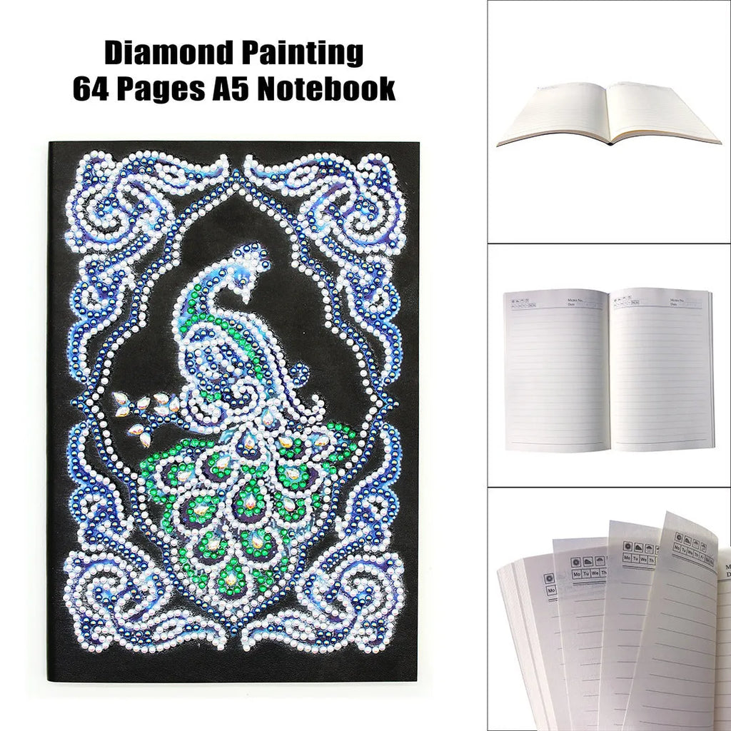 Black A5 diamond painting notebook with a peacock design, shaped drills, and OPP packaging.