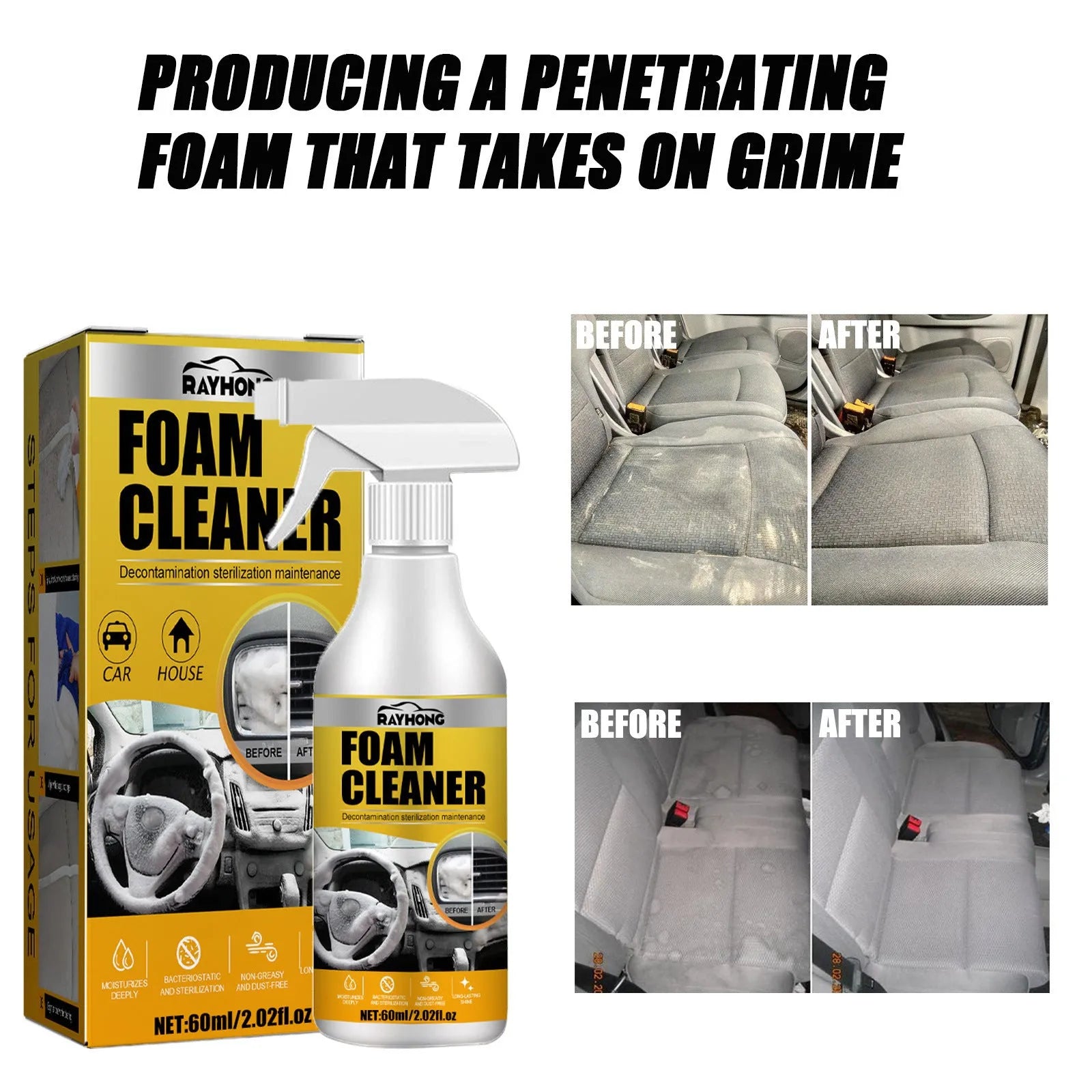 Car interior foamed cleaner kit showing 60ml container and 10x10cm sponge for wash-free cleaning