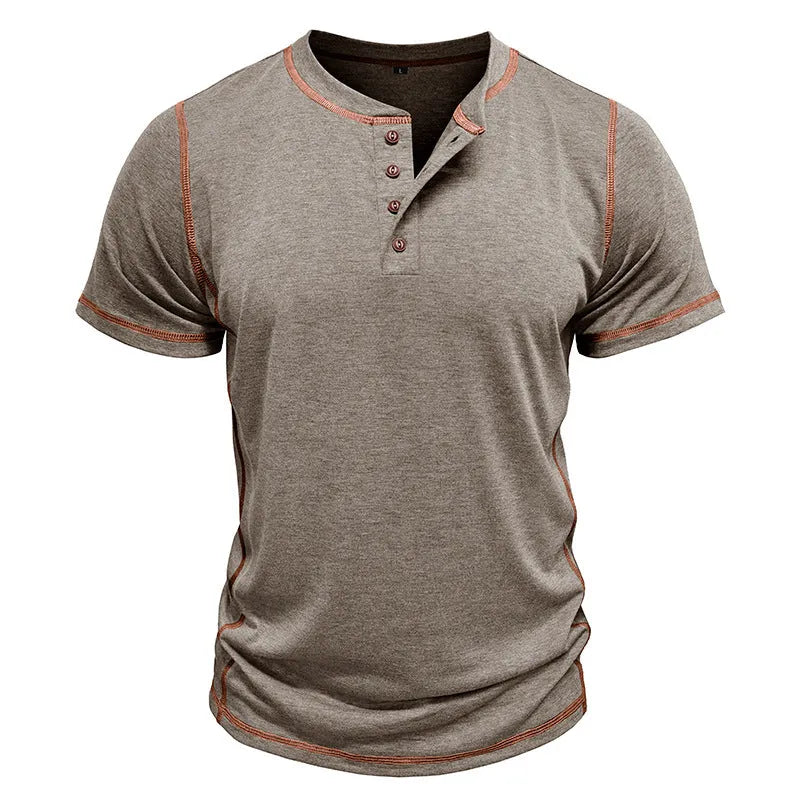 Men's short sleeve Henley shirt in solid colour, slim-fit cotton blend, round neck pullover style