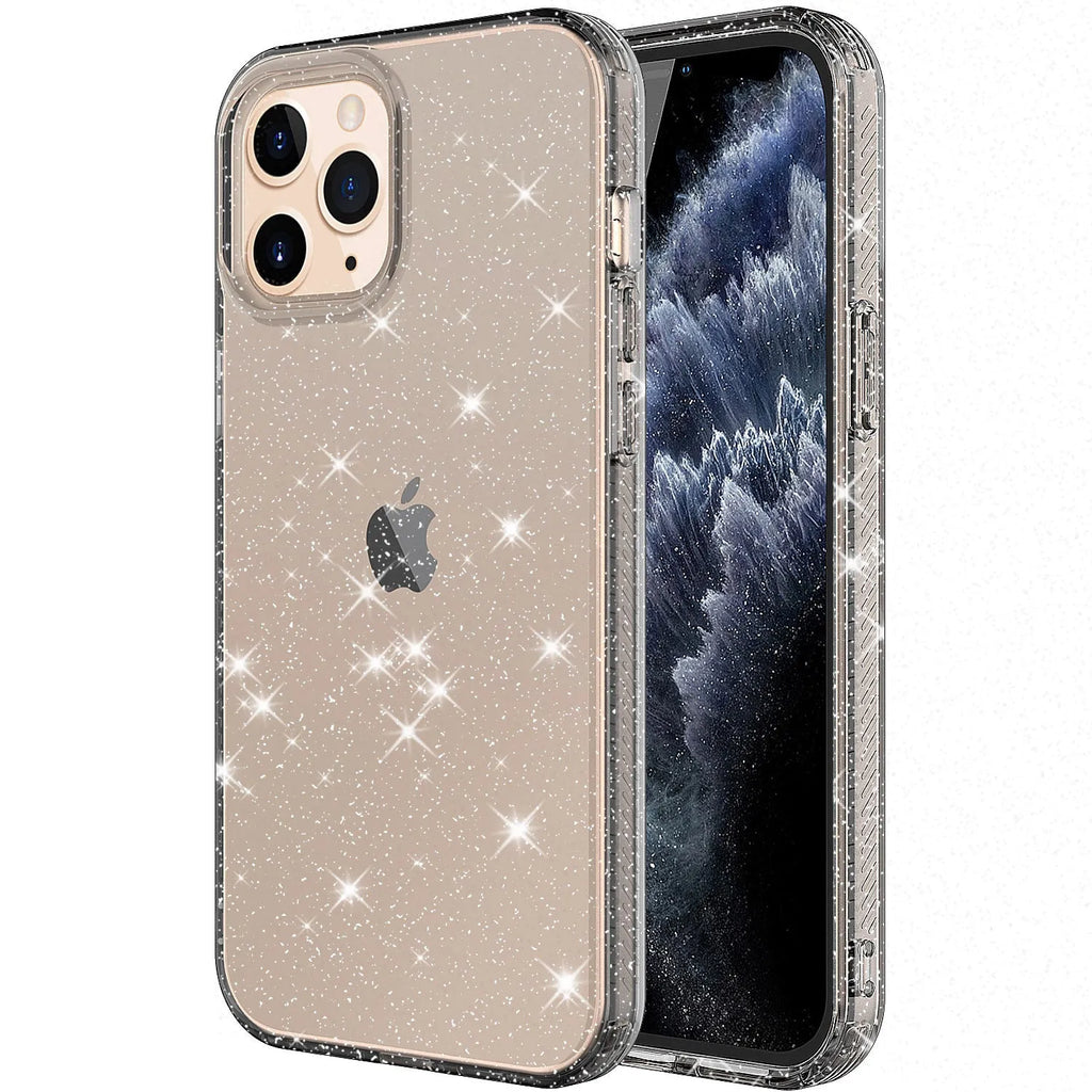 Transparent glitter TPU phone case for iPhone 12 Pro Max in pink, black, purple, and clear colours