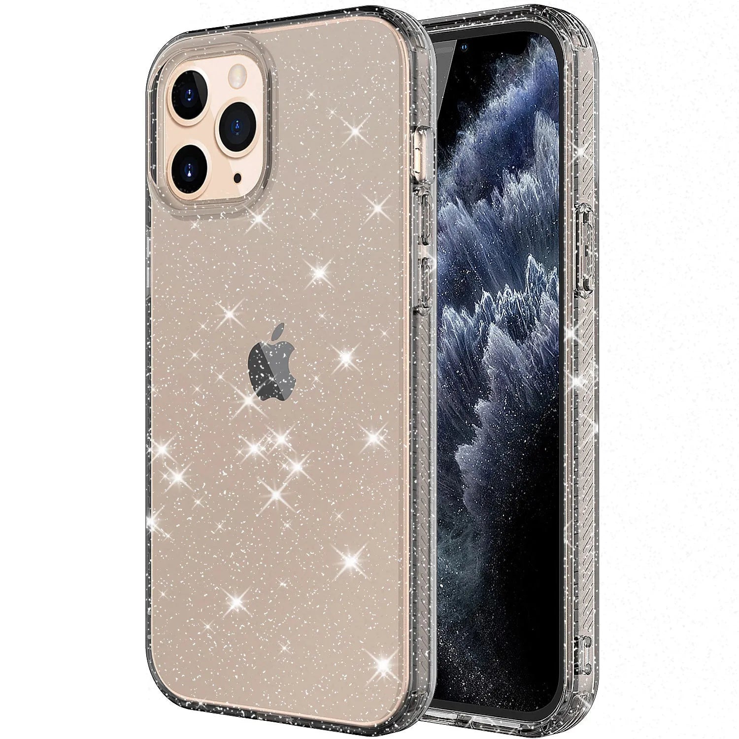 Transparent glitter TPU phone case for iPhone 12 Pro Max in pink, black, purple, and clear colours