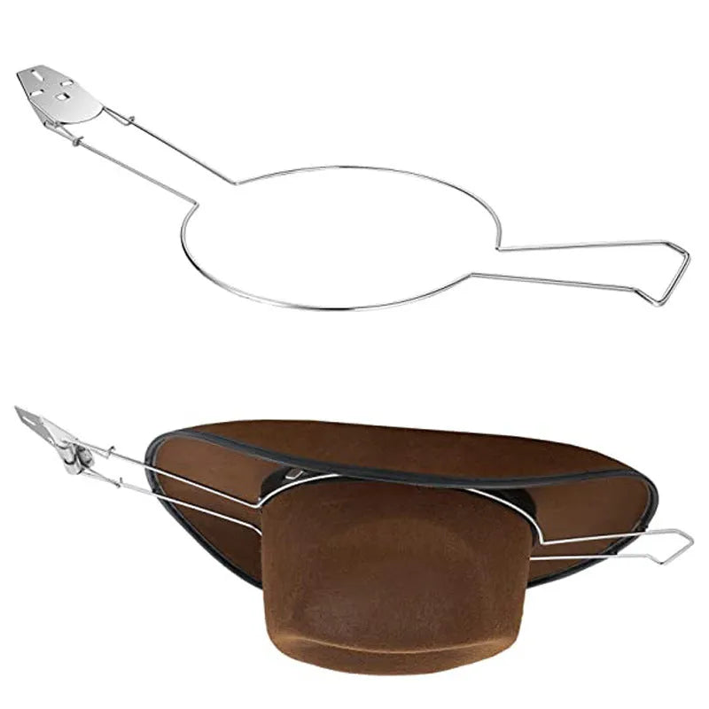 Brown chrome-plated metal free-standing hat and coat rack.