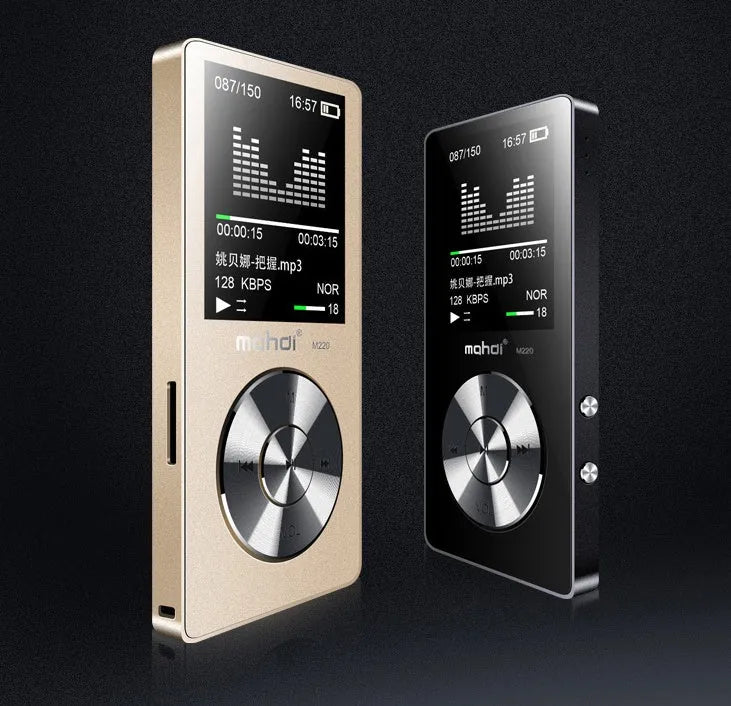 Gold metal MP3 lossless music player with 1.8-inch screen showing menu, alongside headphones
