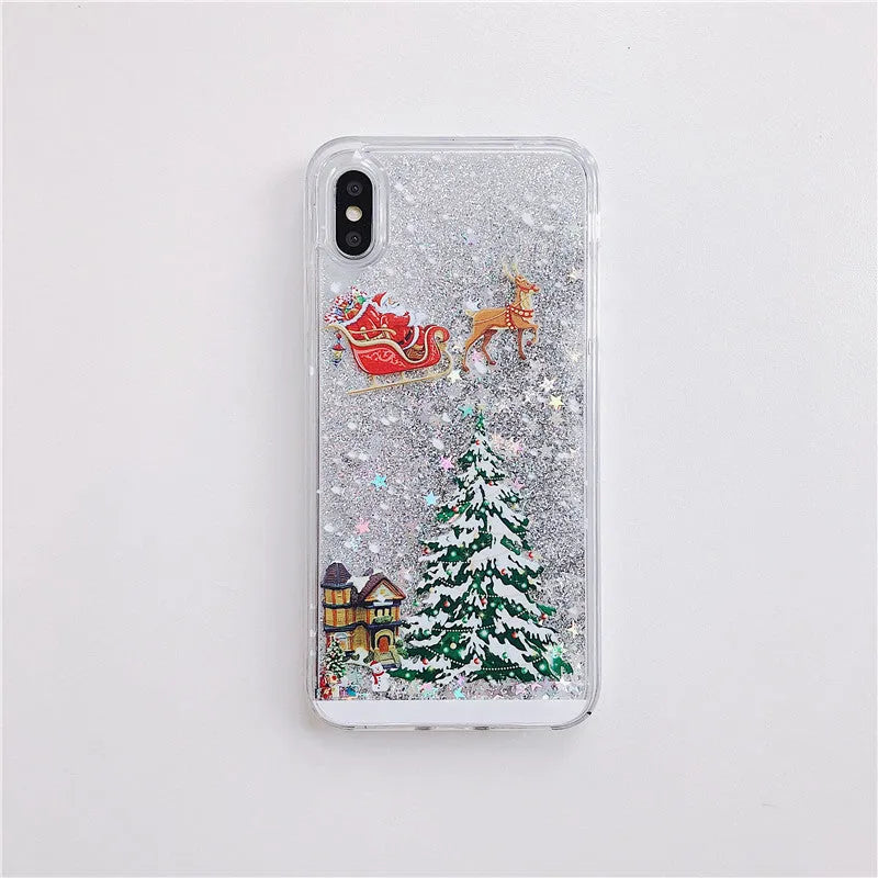 Christmas quicksand design iPhone case showing transparent double layer TPU and PC construction