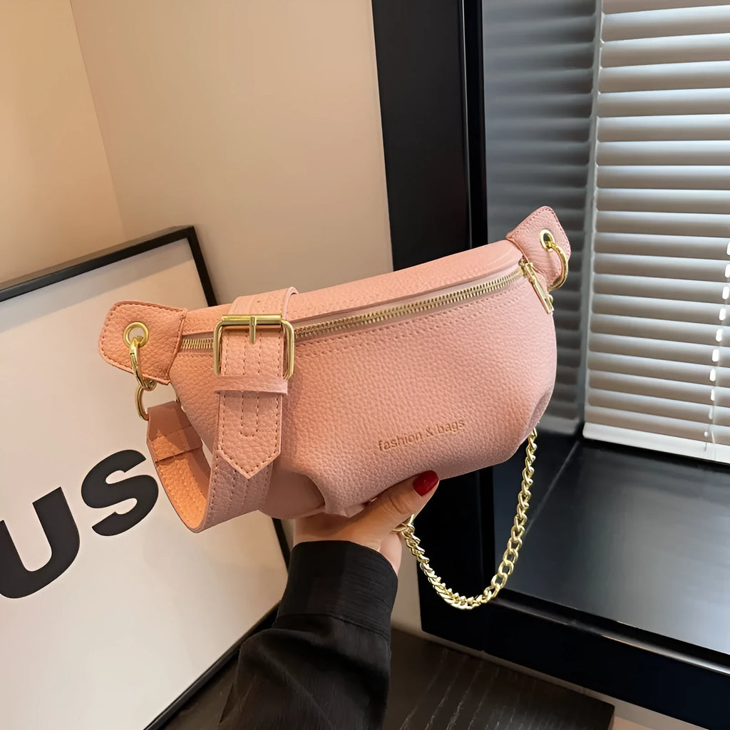 PU waist bag in black with spliced design and single shoulder strap for daily wear