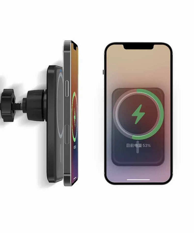 Black car magnetic wireless charger bracket mounted on car vent with phone attached