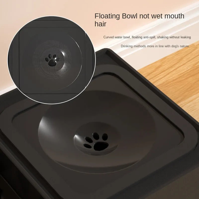 Black adjustable-height dog feeding stand with two stainless steel bowls on a non-slip base