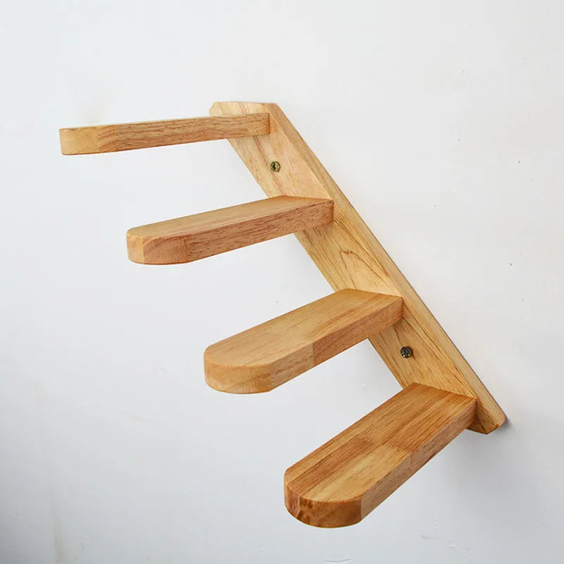 Wall-mounted solid wood cat stairs with 4 steps, left-to-right arrangement, on a white wall