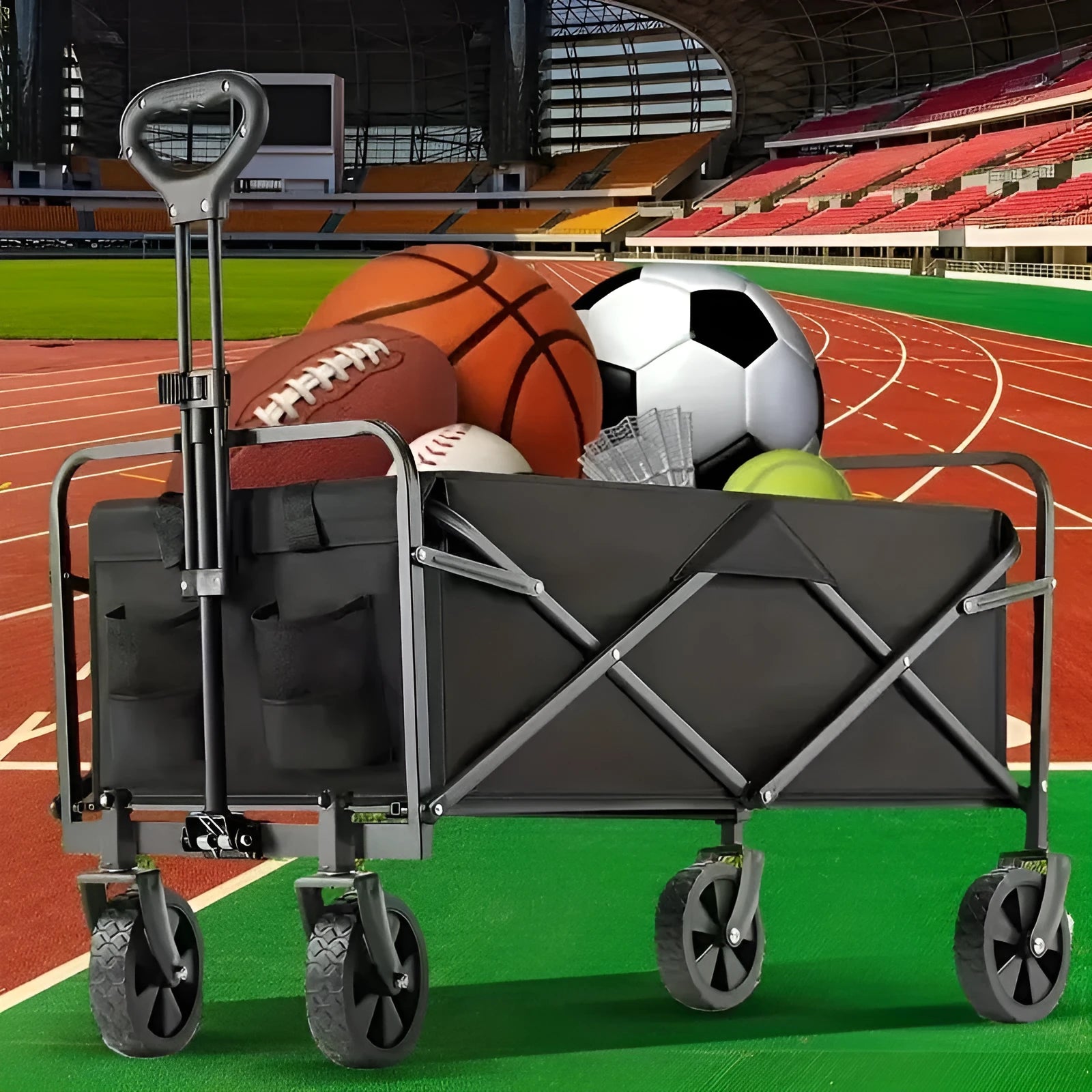 Collapsible foldable metal garden wagon cart with a 220lb load capacity shown in open and folded positions.