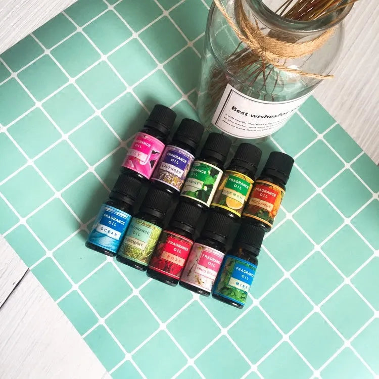 Set of 12 plant aromatherapy essential oil bottles with fragrances including Lavender, Lemon, and Mint for fresh air