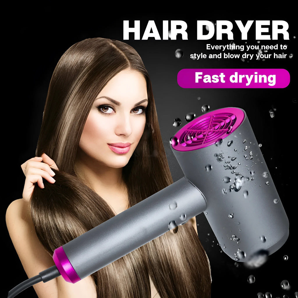 Grey household hair dryer with brushed motor, three speed gears, and air collector attachment on a white background