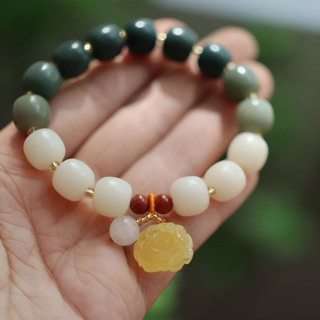 Natural Bodhi root bracelet with gradient white jade and beeswax floral beads