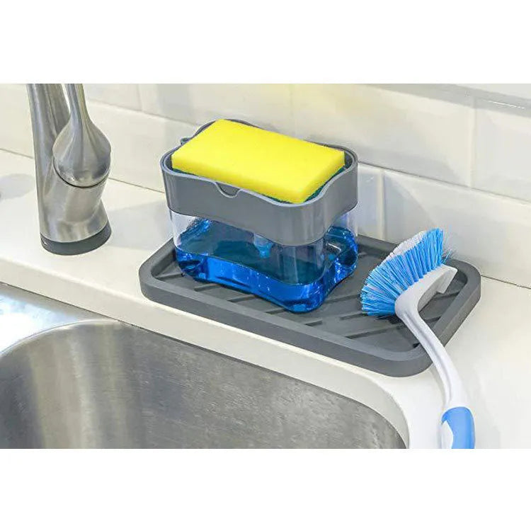 BPA-free plastic kitchen soap dispenser in black, grey, pink, or silver colours on a countertop.