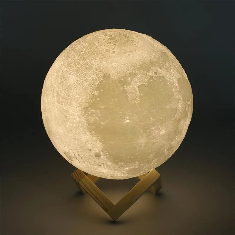 3D printed moon lamp on wooden stand showing lunar surface details with touch control ring