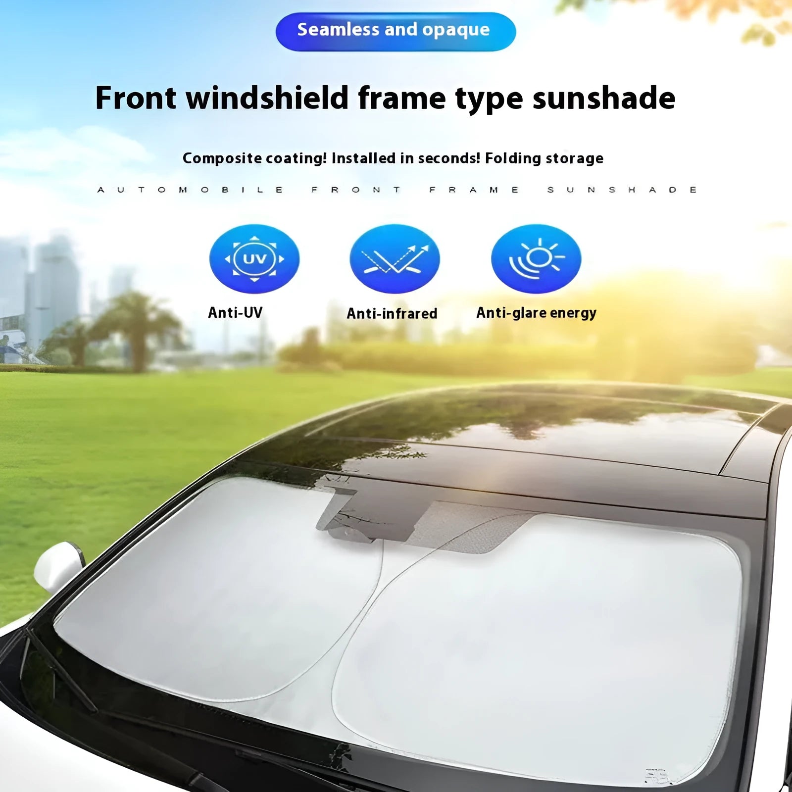 Aluminium foil car sunshade in titanium silver colour shown folded, with size options 140cmx70cm and 150cmx80cm.