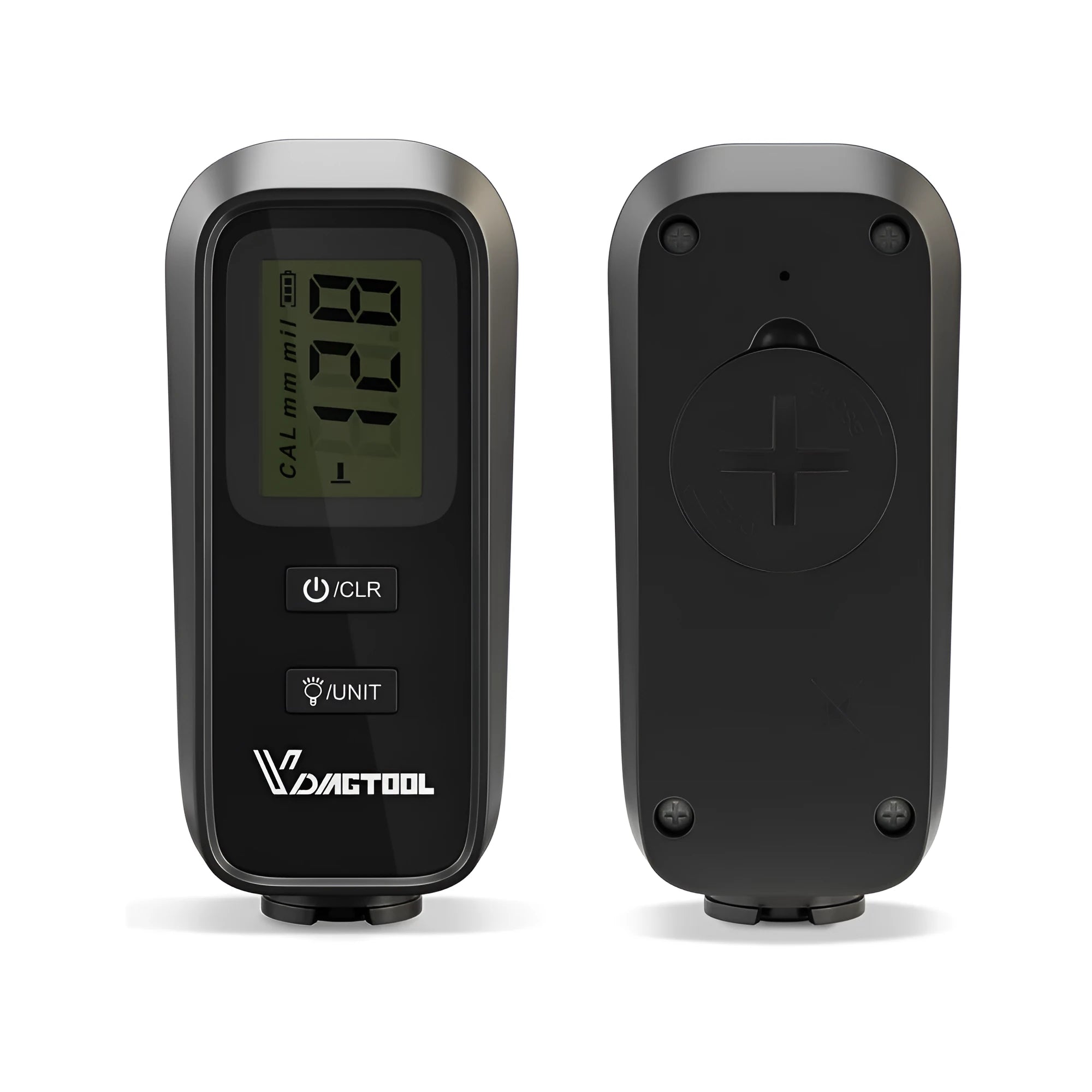 Black plastic automotive paint coating thickness gauge on white background