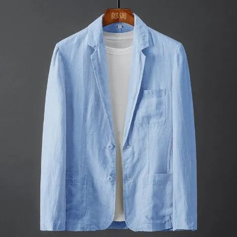 Men's slim fit solid colour linen suit coat on a hanger, showing nine-point sleeves and mid-length cut.