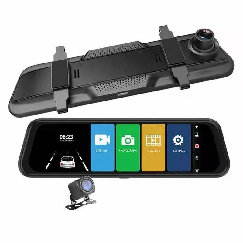 Streaming media electronic rearview mirror with dual lens front and rear cameras and night vision, 10 inch or 12 inch screen