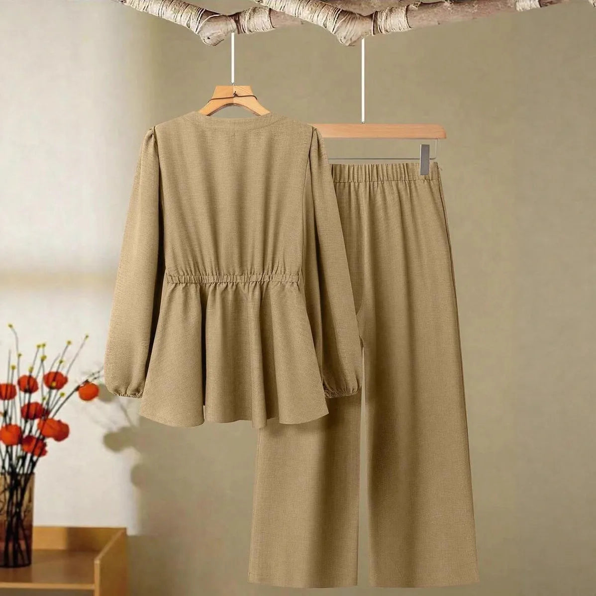 Women's polyester two-piece suit in khaki with long sleeves, button detailing, and matching trousers