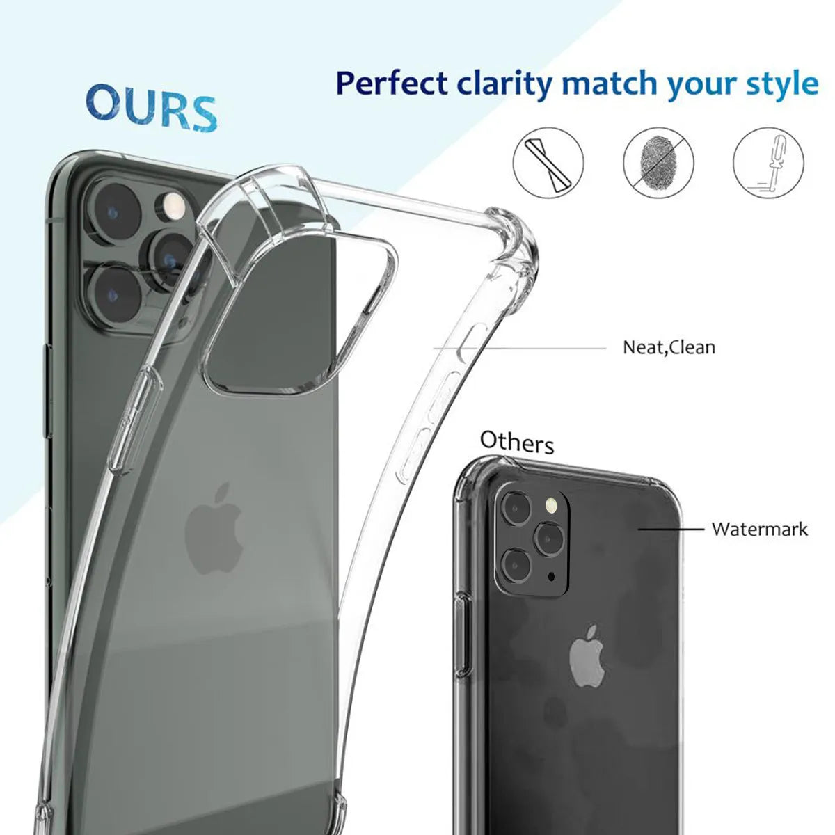 Clear shockproof TPU phone case for various iPhone models on a table.
