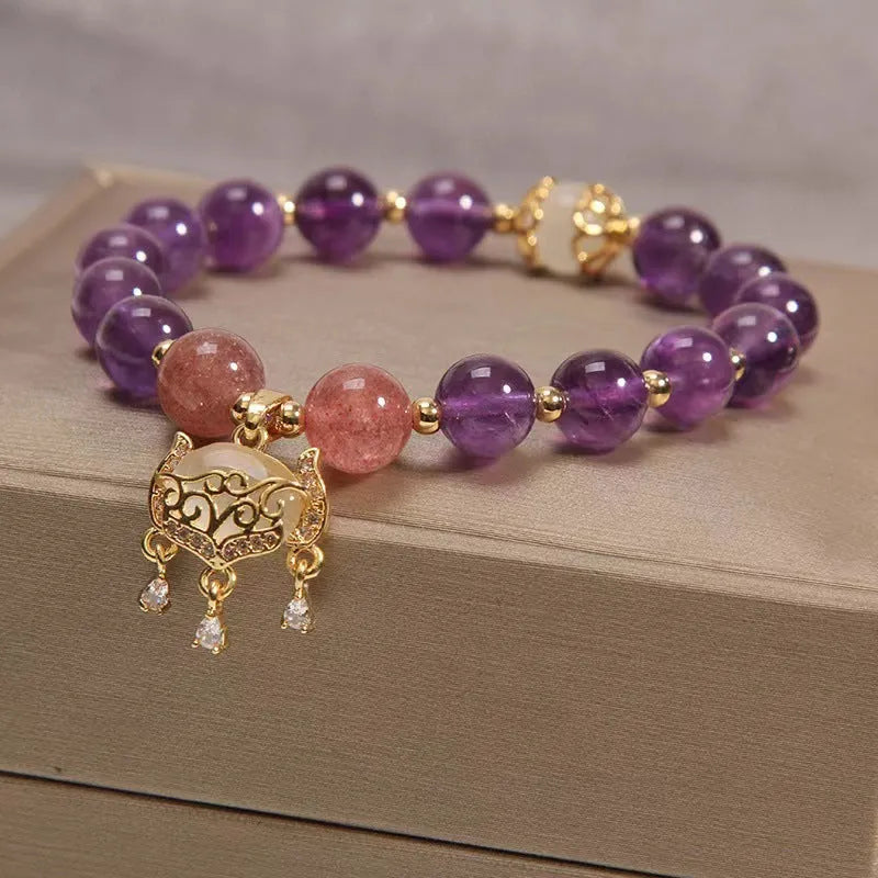 Handmade copper longevity lock bracelet with amethyst crystal and ruyi charms