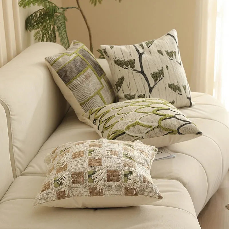 45cm square jacquard floral cushion cover in a Nordic-style pattern on a sofa.