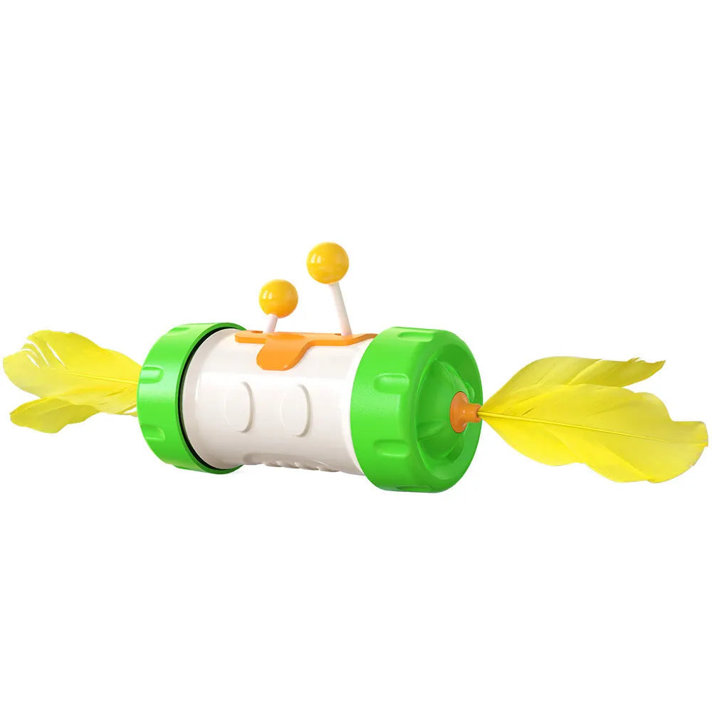 Blue interactive cat toy stick pole with tumbler and feather ball for chasing play.