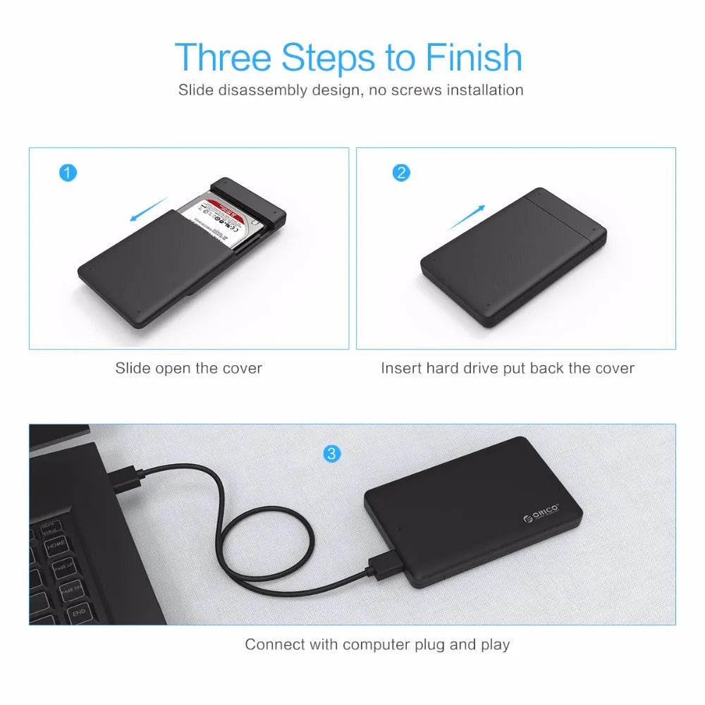 ORICO 2577U3 black external hard drive enclosure with USB 3.0 interface on a desk