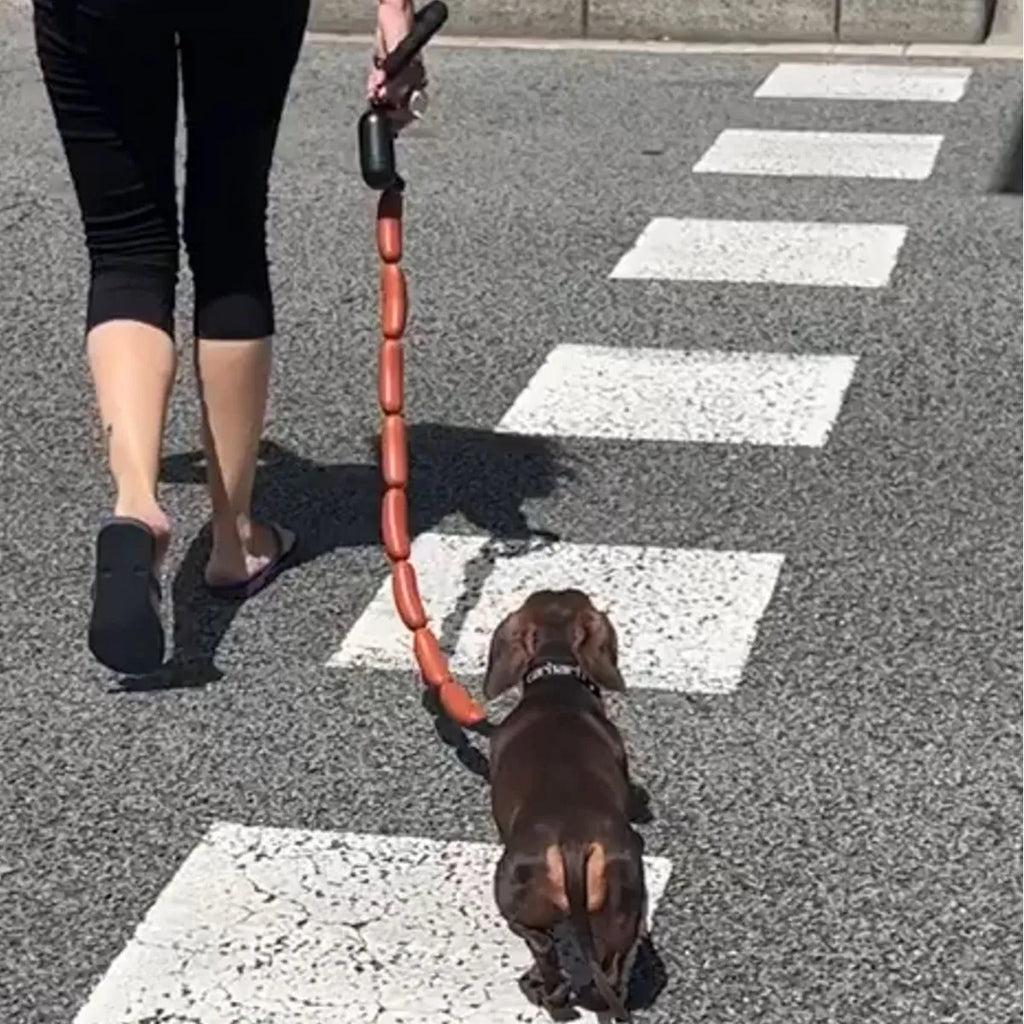 Brown pet training rope with multiple sausage sections and grip tape, measuring 108 cm in total length