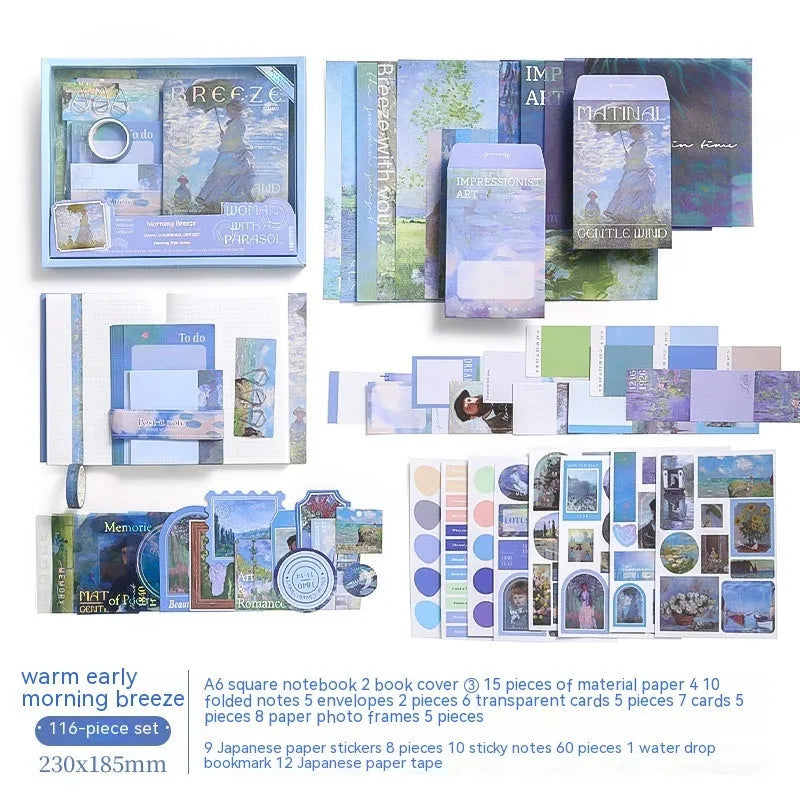 A6 grid creative journal gift box with retro plaid design showing notebook, cards, paper frames, stickers, and stationery accessories