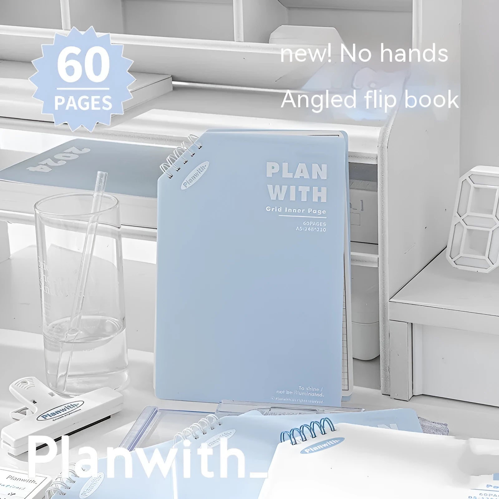A5 horizontal softcover notebook with plain pages, shown in white and plaid blue cover options.