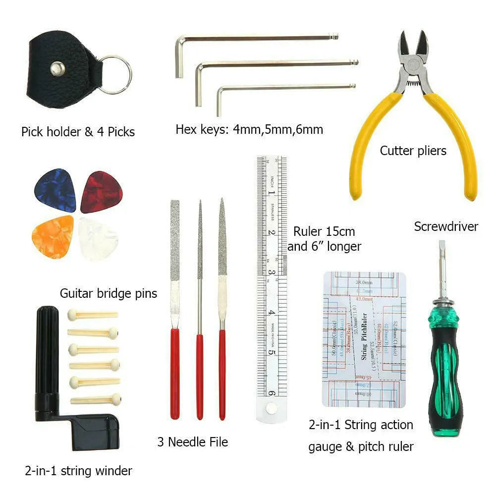 Black guitar repair tool kit case for instrument maintenance