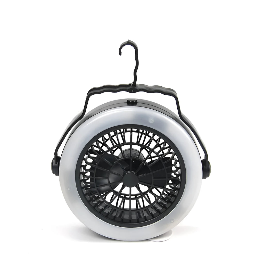 Black multi-function waterproof camping fan light with LED lamp and fan blades, compact 20x20x6.3cm portable design