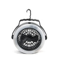Black multi-function waterproof camping fan light with LED lamp and fan blades, compact 20x20x6.3cm portable design