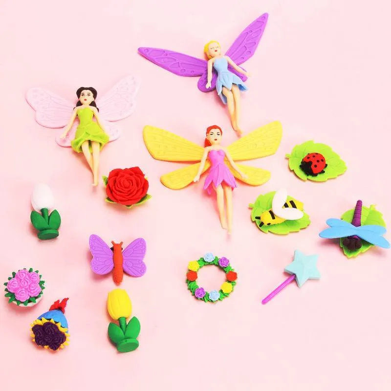 Flower Fairy Eraser Suit showing twelve TPR erasers with fairy and mermaid designs in a 14x13 cm box