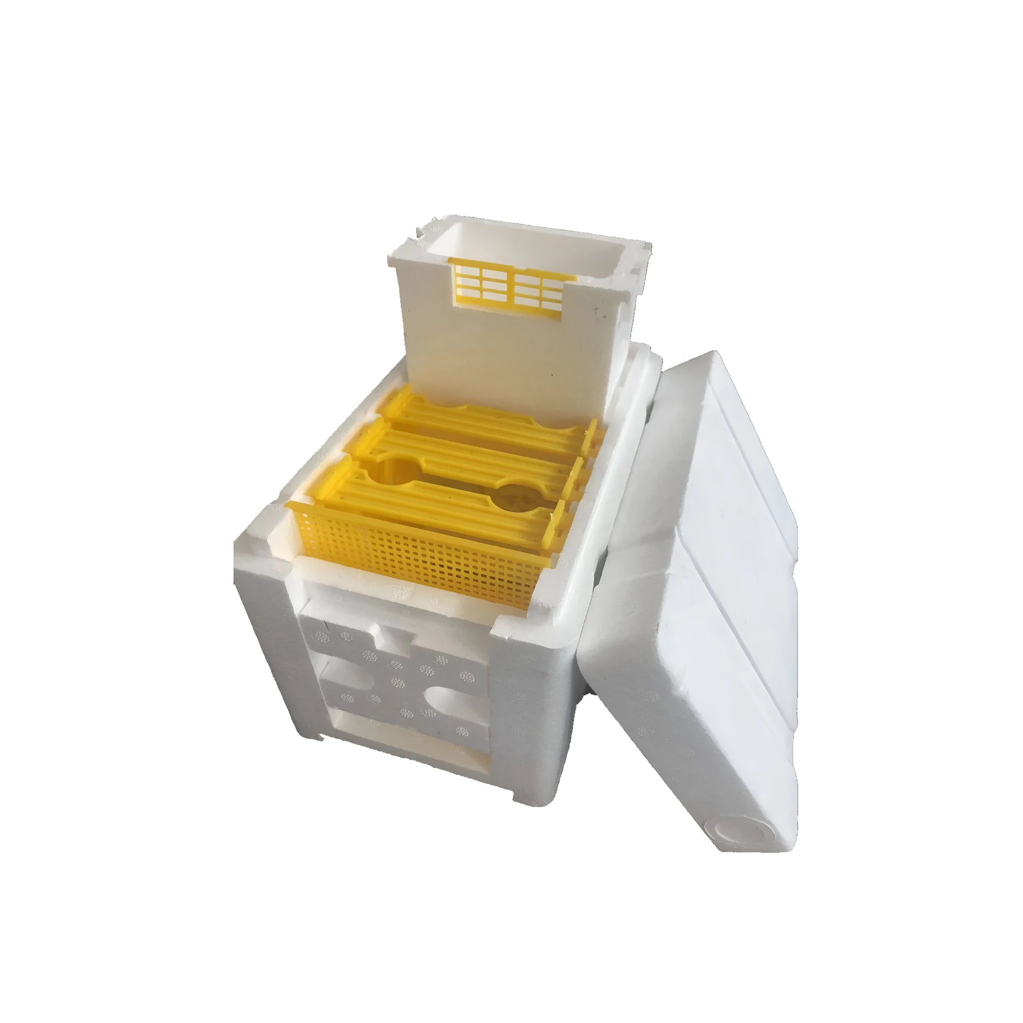 Set of three white EPS foam bee breeding boxes for hive management.