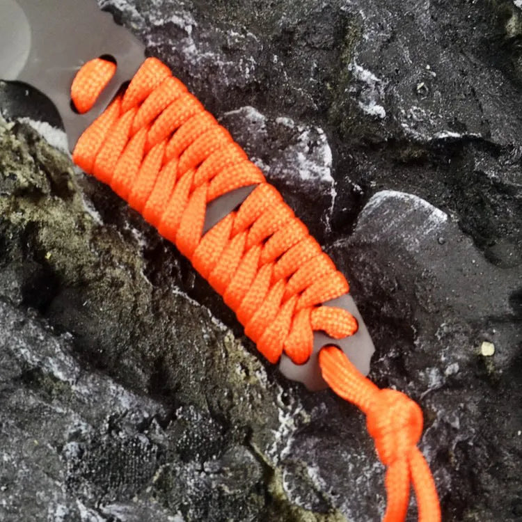 BG197 outdoor camping knife with a straight blade, rope handle, and black ABS plastic sheath.
